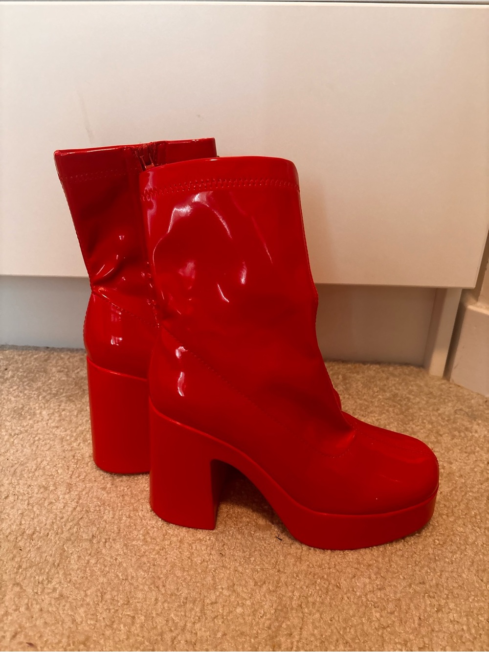 Dream Pairs Red Patent Platform Block Heel Ankle Boots